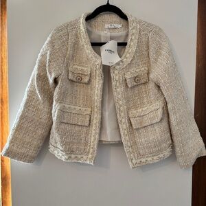 Women’s cream tweed bouclé open front jacket with pearls